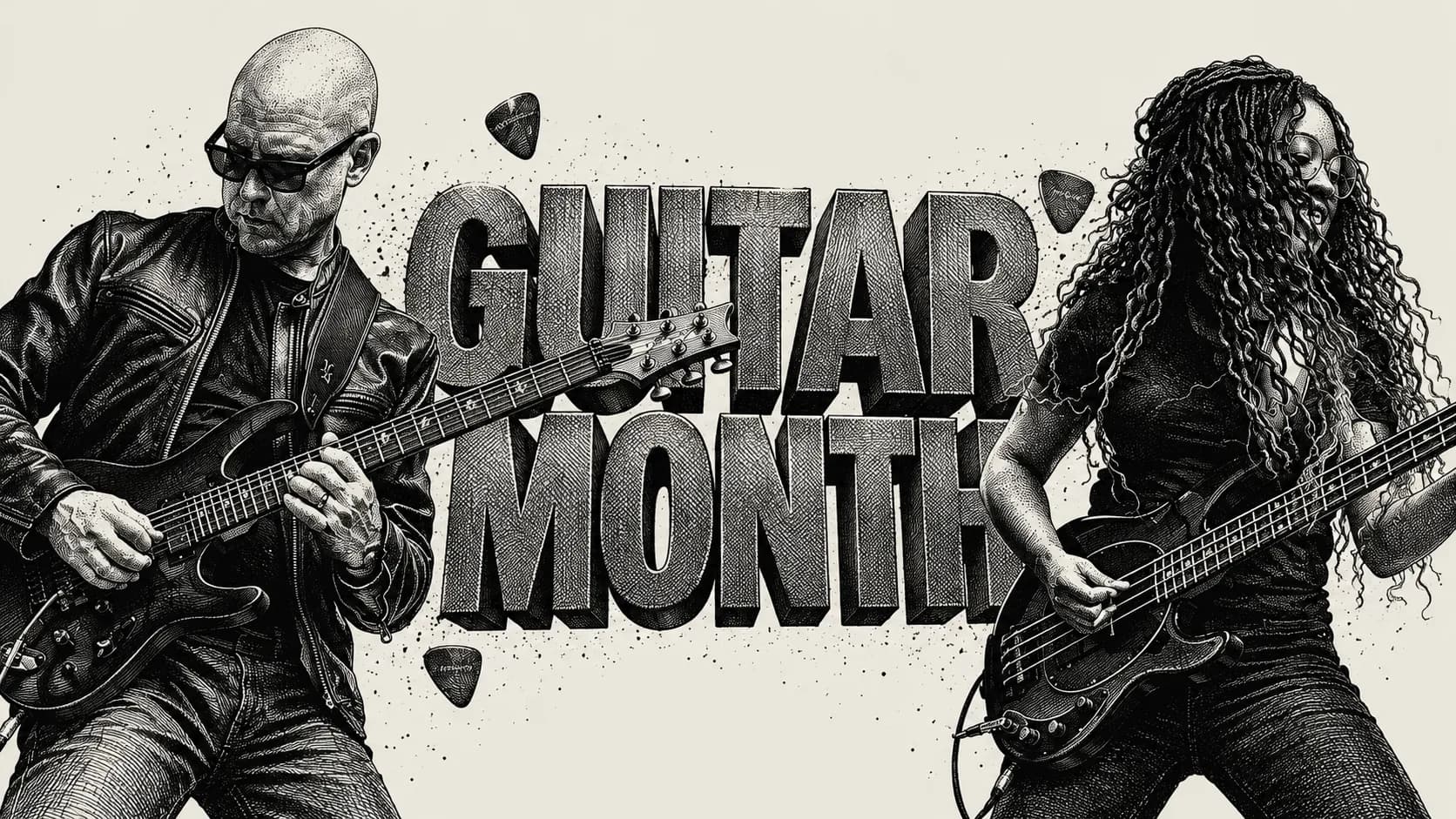 Illustrated Guitar Month plate, two guitarists in the house stipple register