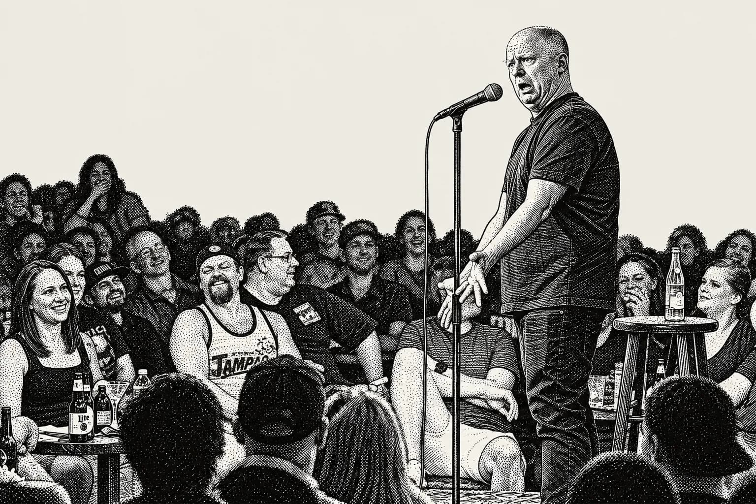 Illustrated stand-up plate, a comedian working a club crowd, house stipple register