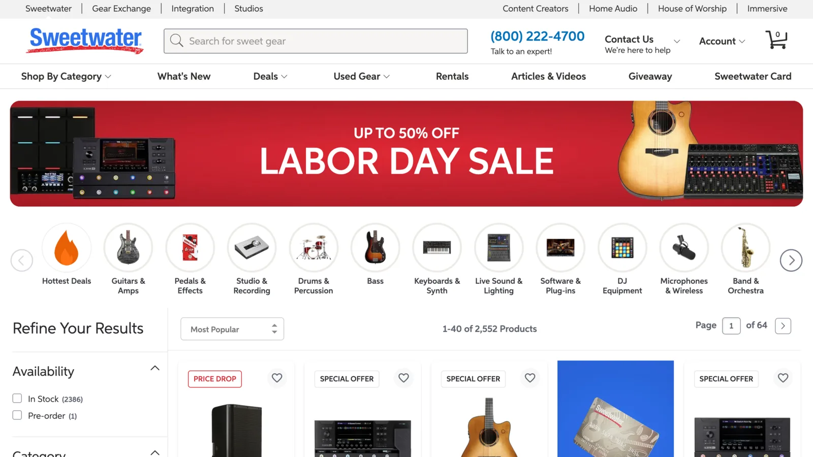 Sweetwater.com Labor Day Sale category page, live output of the pipeline
